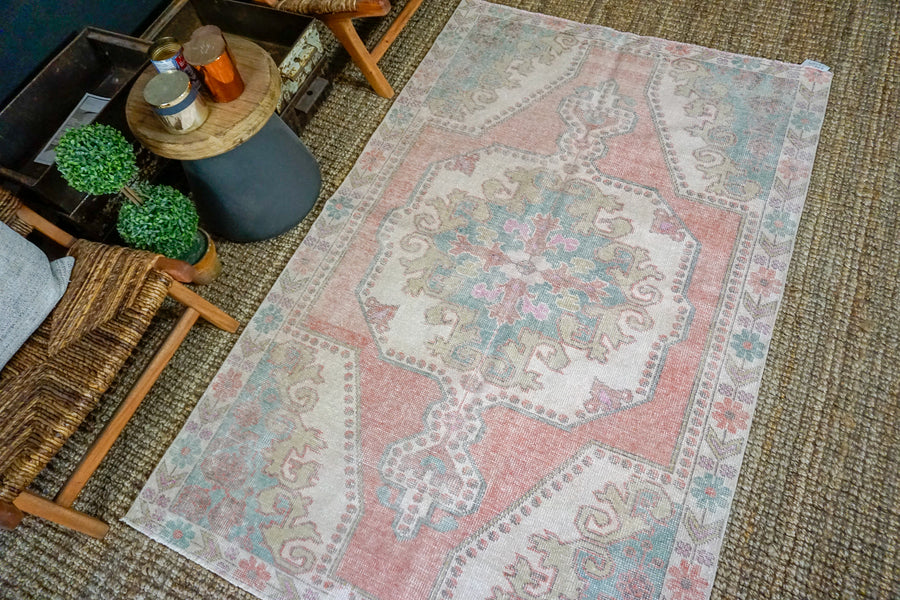 4’5 x 6’9 Vintage Turkish Oushak Carpet Muted Pink, Turquoise + Cream