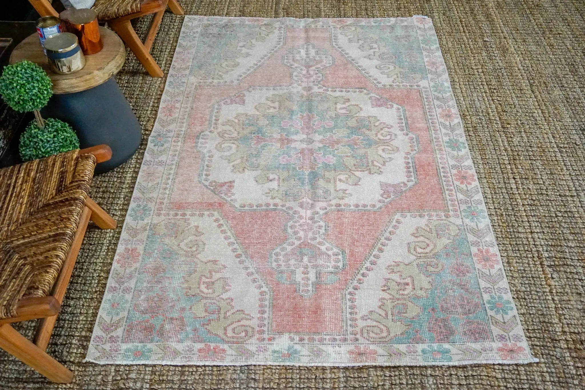 4’5 x 6’9 Vintage Turkish Oushak Carpet Muted Pink, Turquoise + Cream '3496 Linda's Barn