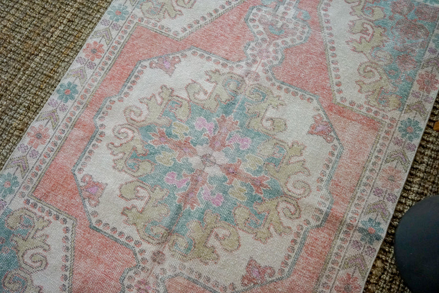 4’5 x 6’9 Vintage Turkish Oushak Carpet Muted Pink, Turquoise + Cream