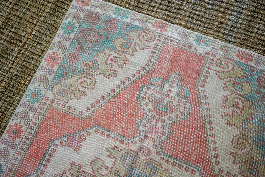 4’5 x 6’9 Vintage Turkish Oushak Carpet Muted Pink, Turquoise + Cream