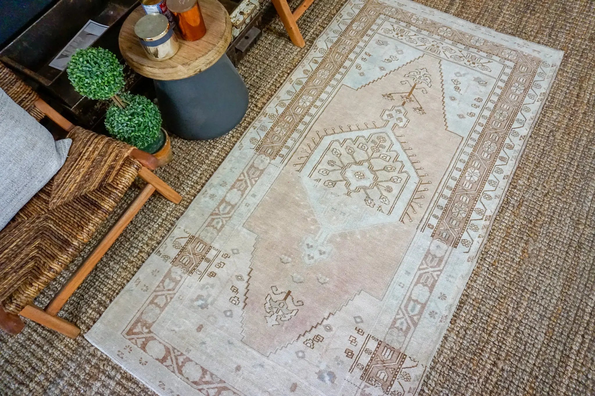 3’6 x 6’11 Vintage Turkish Oushak Carpet Muted Gray, Copper and Green '3409 Linda's Barn