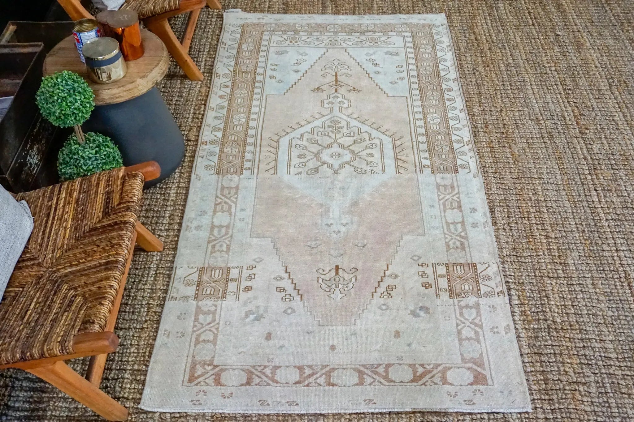 3’6 x 6’11 Vintage Turkish Oushak Carpet Muted Gray, Copper and Green '3409 Linda's Barn