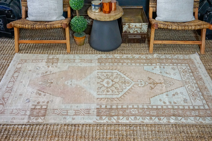3’6 x 6’11 Vintage Turkish Oushak Carpet Muted Gray, Copper and Green