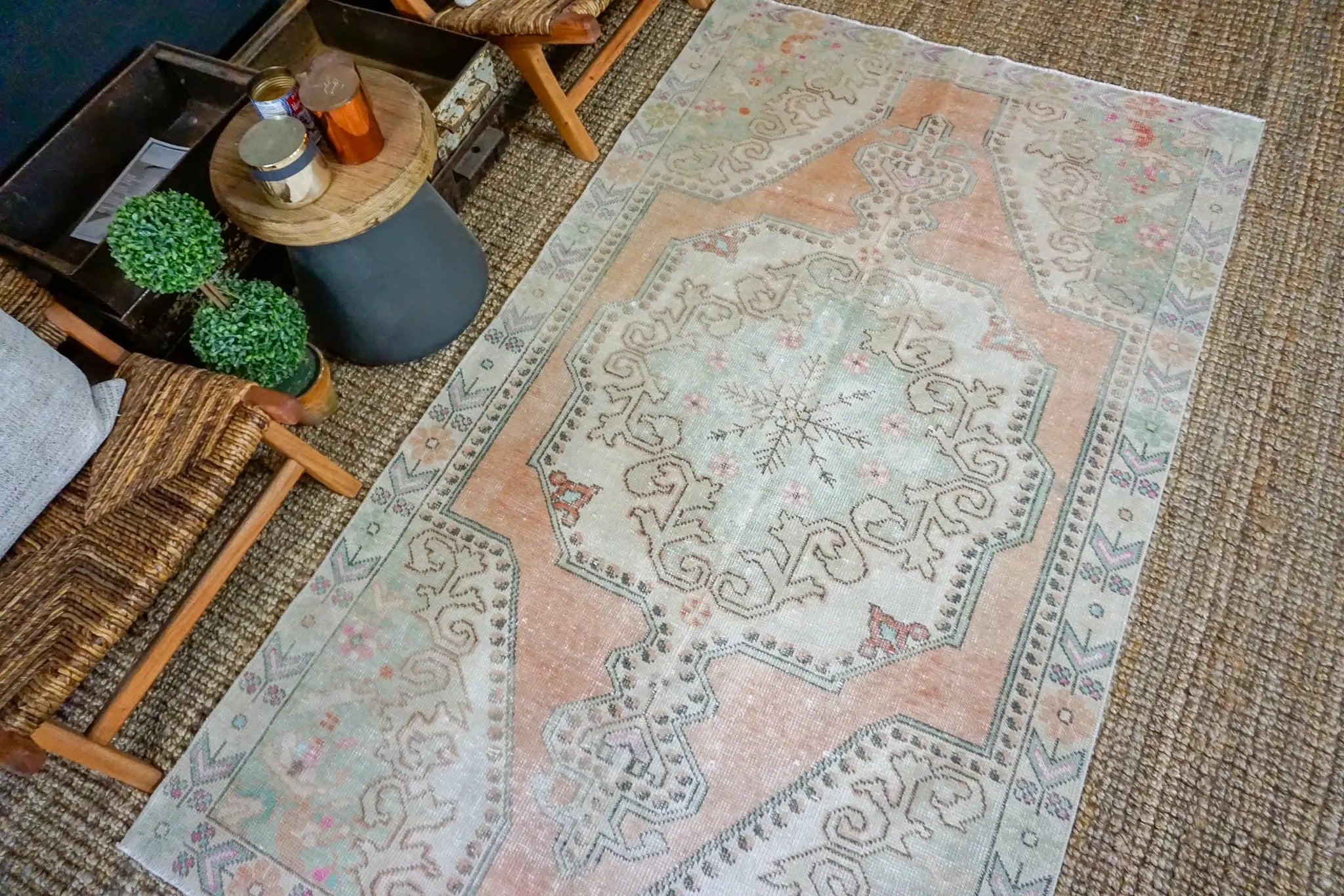 4’7 x 7’10 Vintage Turkish Oushak Carpet Muted Apricot, Celadon + Gray '3495 Linda's Barn