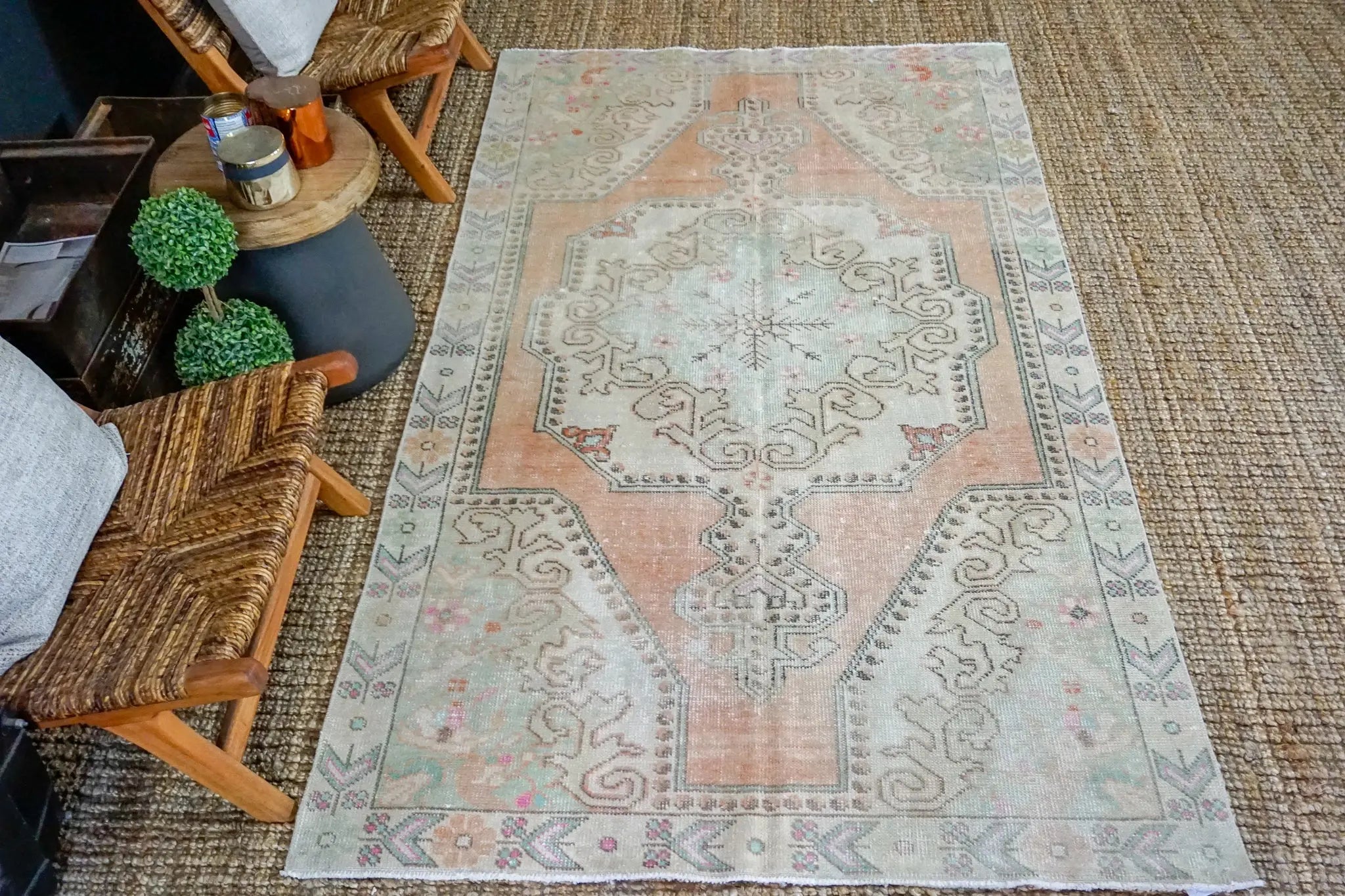 4’7 x 7’10 Vintage Turkish Oushak Carpet Muted Apricot, Celadon + Gray '3495 Linda's Barn