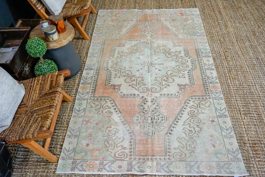 4’7 x 7’10 Vintage Turkish Oushak Carpet Muted Apricot, Celadon + Gray