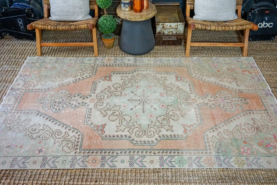 4’7 x 7’10 Vintage Turkish Oushak Carpet Muted Apricot, Celadon + Gray