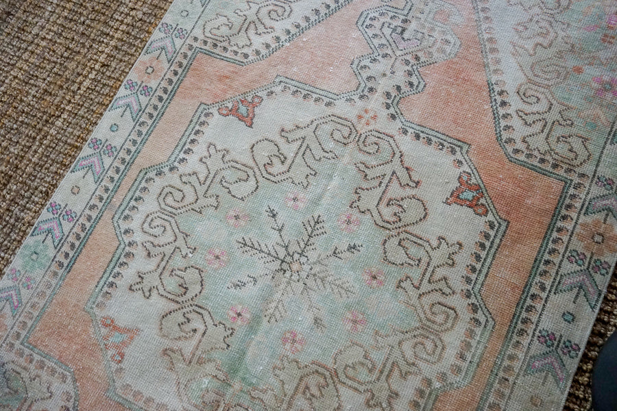 4’7 x 7’10 Vintage Turkish Oushak Carpet Muted Apricot, Celadon + Gray