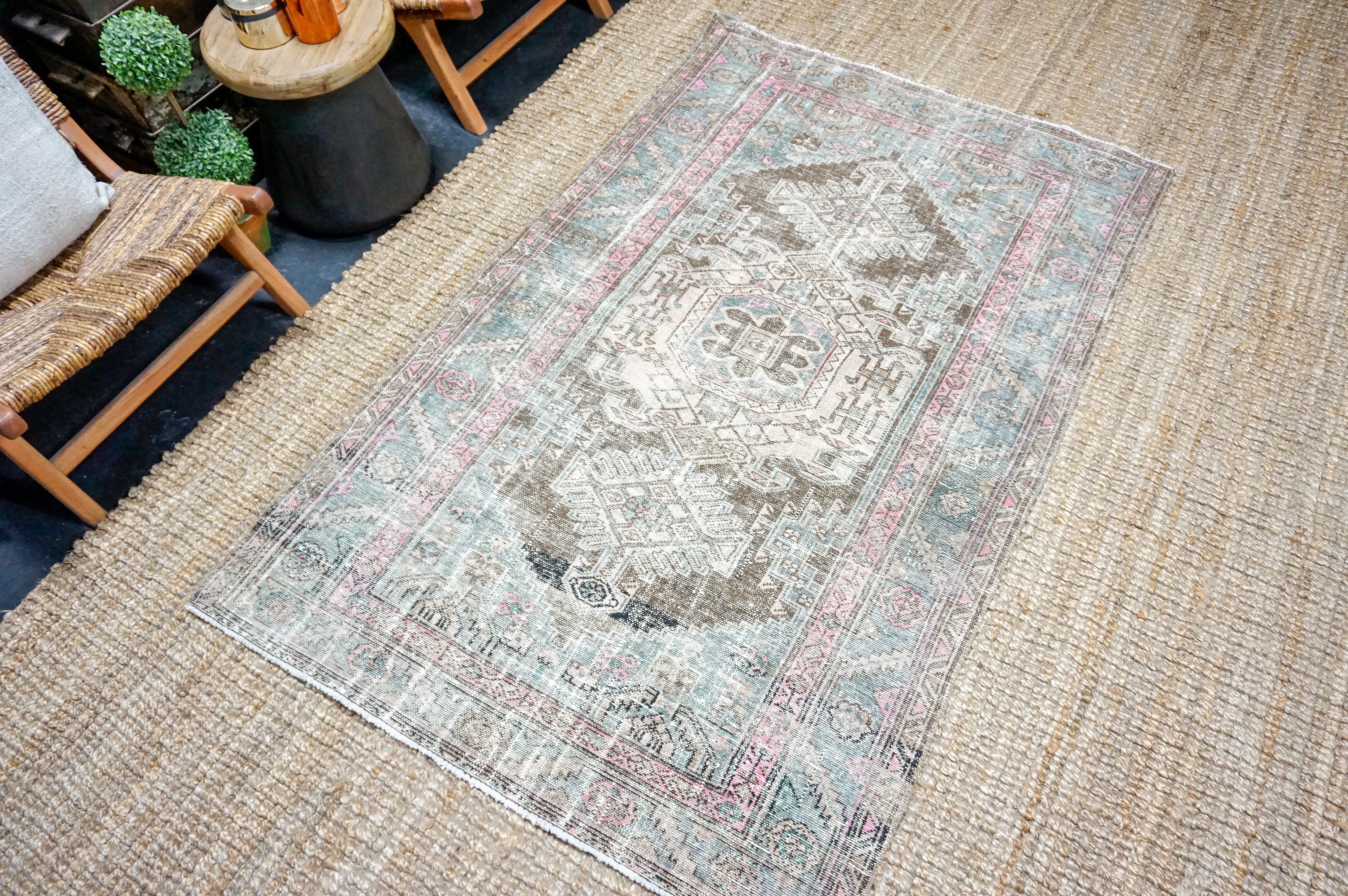 4’2 x 6’10 Classic Vintage Carpet Muted Teal, Pink & Brown SB '4485 Linda's Barn