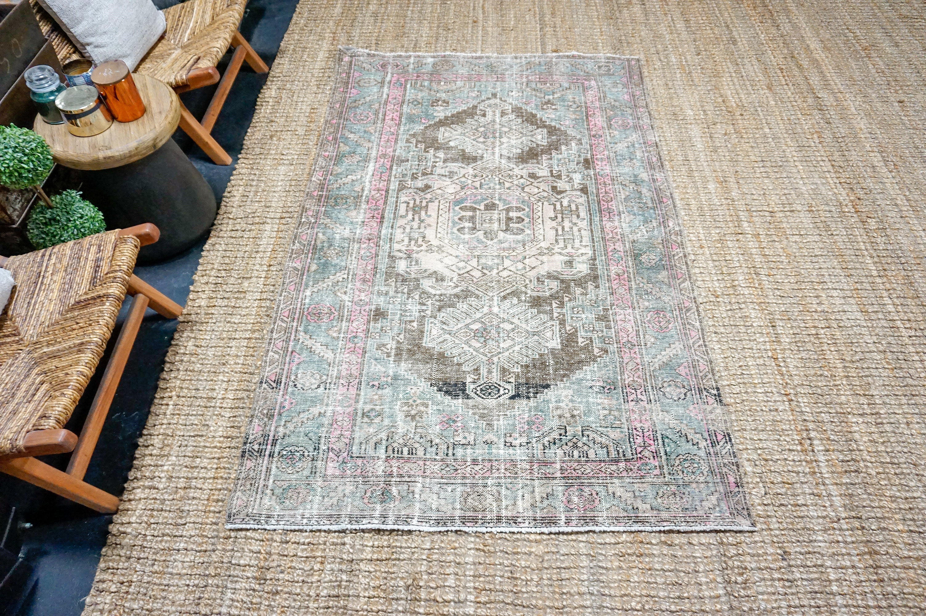 4’2 x 6’10 Classic Vintage Carpet Muted Teal, Pink & Brown SB '4485 Linda's Barn