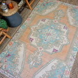 4’7 x 7’5 Vintage Turkish Oushak Carpet Muted Apricot , Turquoise + Cream '3361
