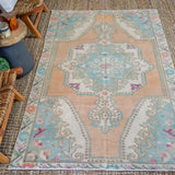 4’7 x 7’5 Vintage Turkish Oushak Carpet Muted Apricot , Turquoise + Cream '3361