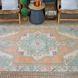 4’7 x 7’5 Vintage Turkish Oushak Carpet Muted Apricot , Turquoise + Cream '3361