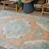 4’7 x 7’5 Vintage Turkish Oushak Carpet Muted Apricot , Turquoise + Cream '3361