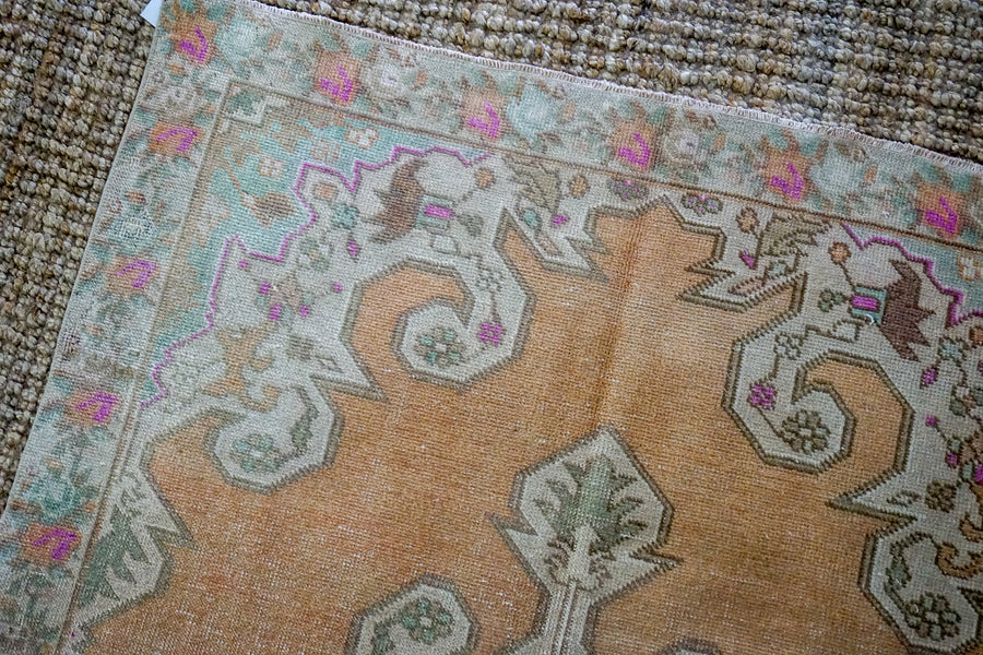 4’4 x 7’6 Vintage Turkish Oushak Carpet Muted Copper, Pink, Green + Gray