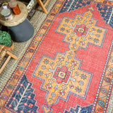 4’4 x 7’9 Vintage Turkish Oushak Carpet Muted Red, Navy Blue and Tangerine