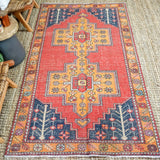 4’4 x 7’9 Vintage Turkish Oushak Carpet Muted Red, Navy Blue and Tangerine