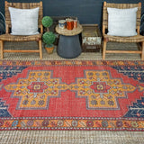 4’4 x 7’9 Vintage Turkish Oushak Carpet Muted Red, Navy Blue and Tangerine