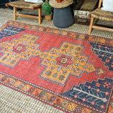4’4 x 7’9 Vintage Turkish Oushak Carpet Muted Red, Navy Blue and Tangerine