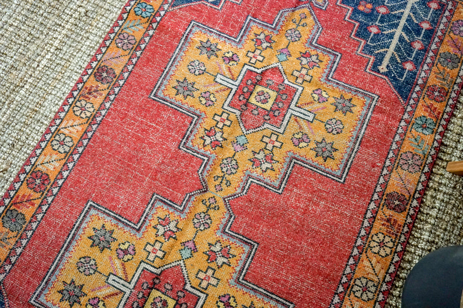 4’4 x 7’9 Vintage Turkish Oushak Carpet Muted Red, Navy Blue and Tangerine