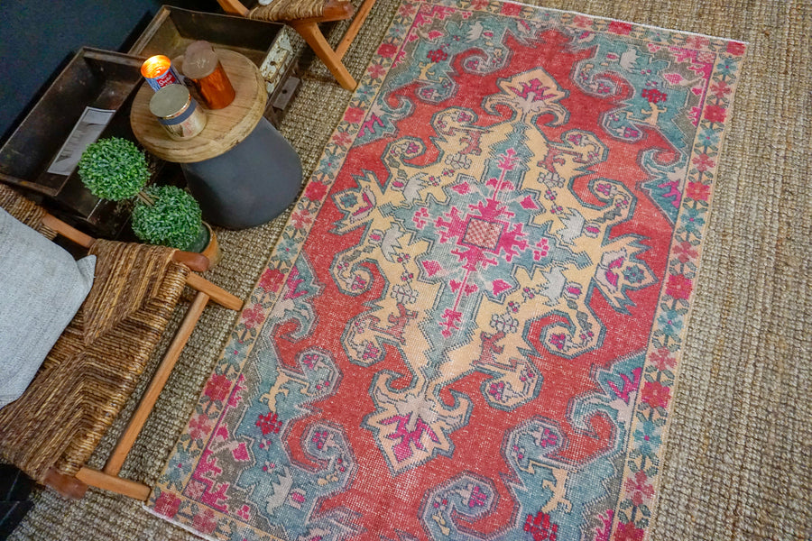 4’4 x 7’2 Vintage Turkish Oushak Carpet Watermelon, Vanilla and Periwinkle Blue