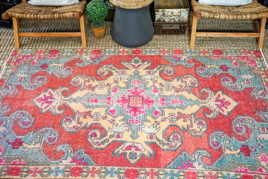 4’4 x 7’2 Vintage Turkish Oushak Carpet Watermelon, Vanilla and Periwinkle Blue
