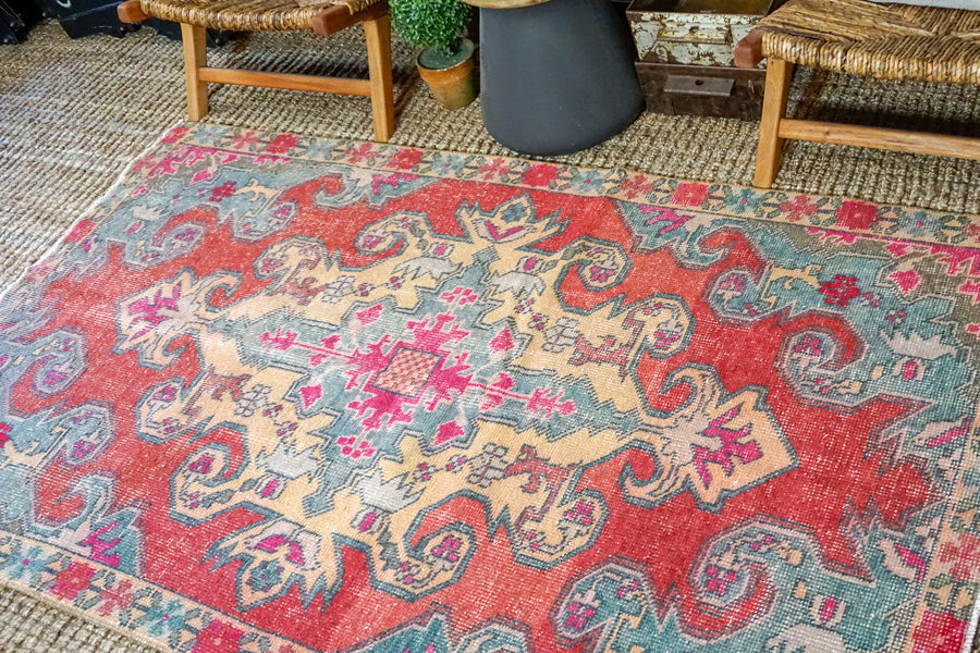 4’4 x 7’2 Vintage Turkish Oushak Carpet Watermelon, Vanilla and Periwinkle Blue