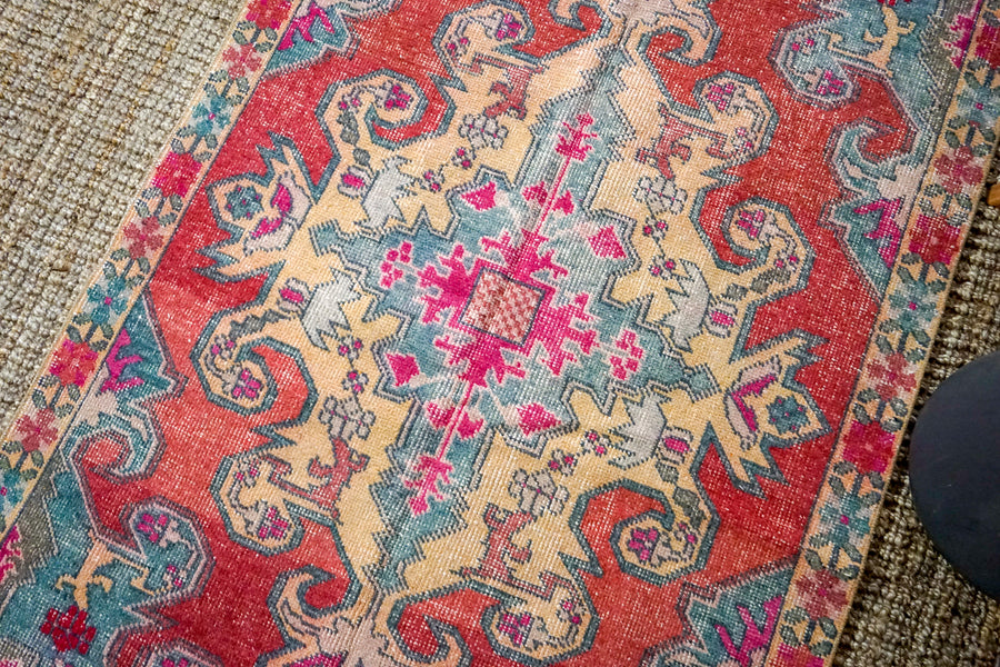 4’4 x 7’2 Vintage Turkish Oushak Carpet Watermelon, Vanilla and Periwinkle Blue