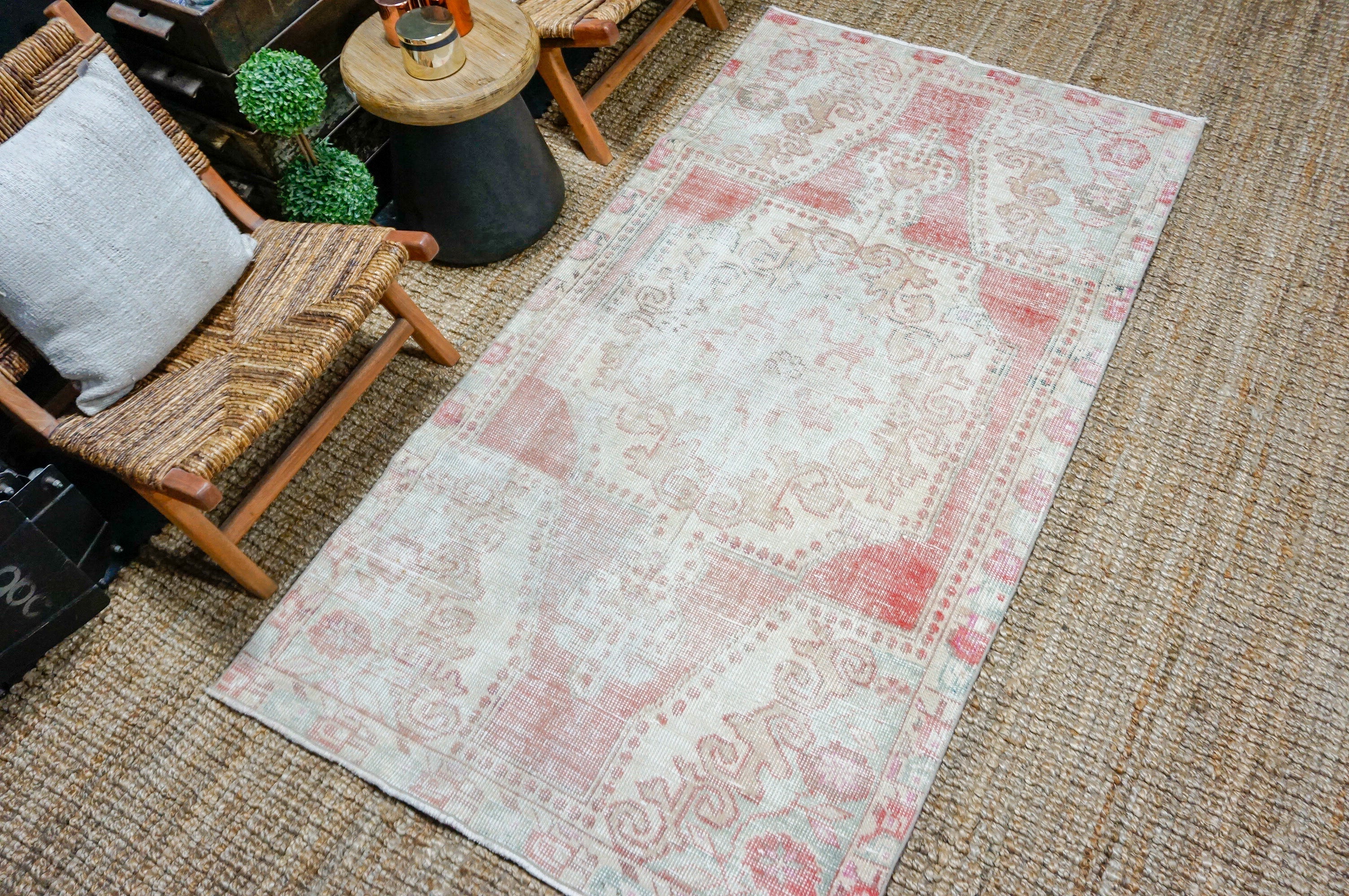 3’10 x 7’3 Vintage Turkish Oushak Rug Muted Coral, Turquoise + Beige SB '4343 Linda's Barn