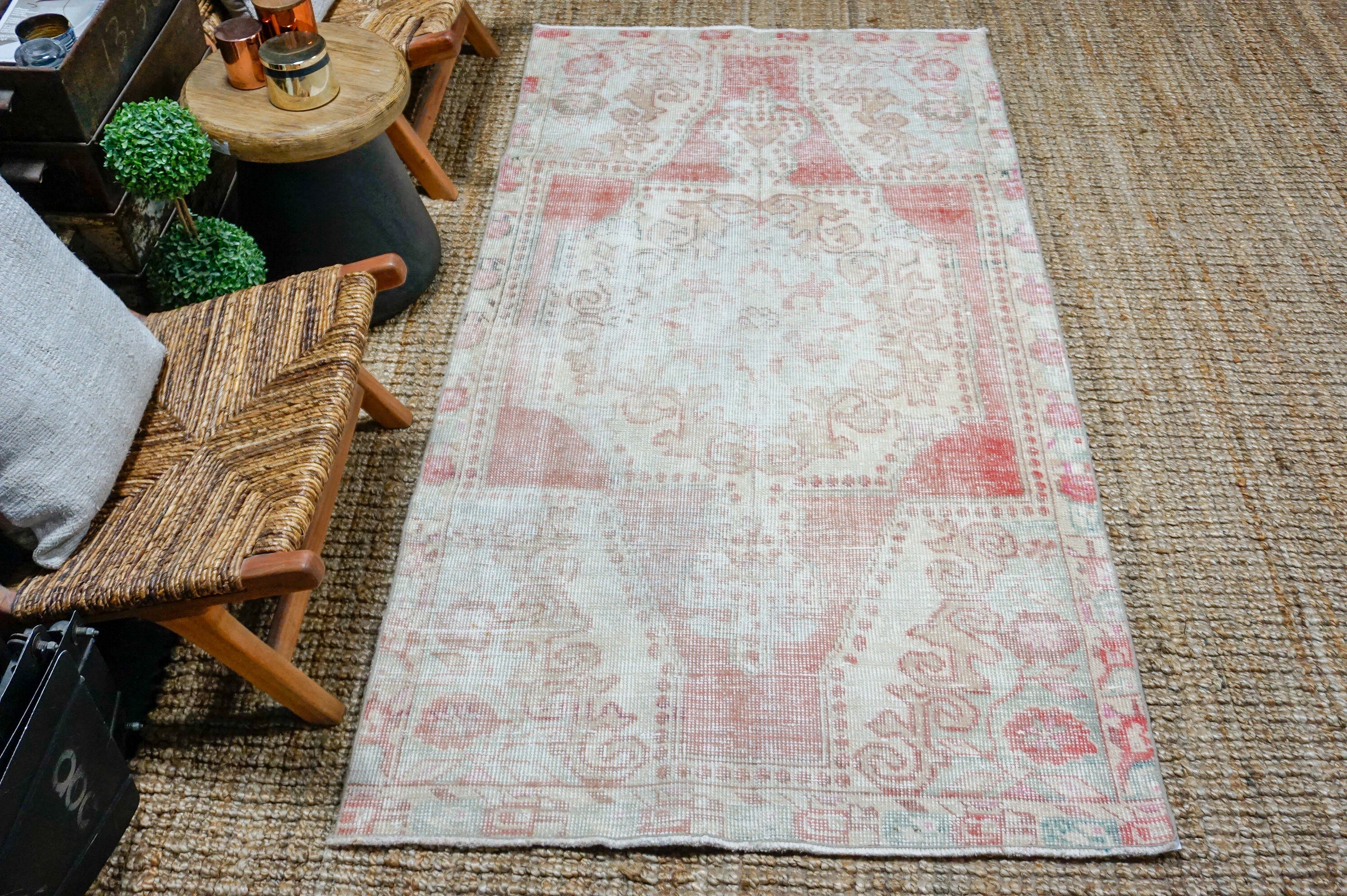 3’10 x 7’3 Vintage Turkish Oushak Rug Muted Coral, Turquoise + Beige SB '4343 Linda's Barn