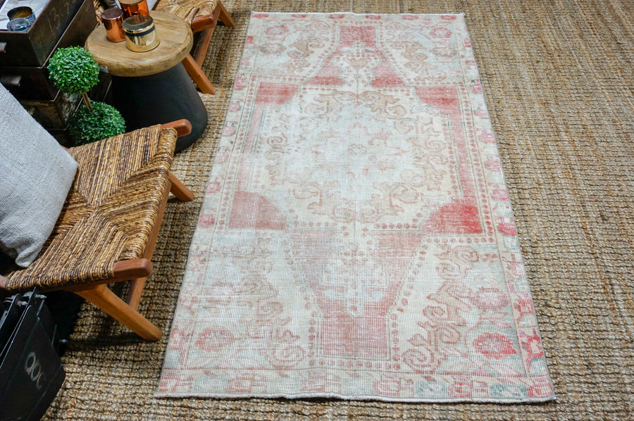 3’10 x 7’3 Vintage Turkish Oushak Rug Muted Coral, Turquoise + Beige SB