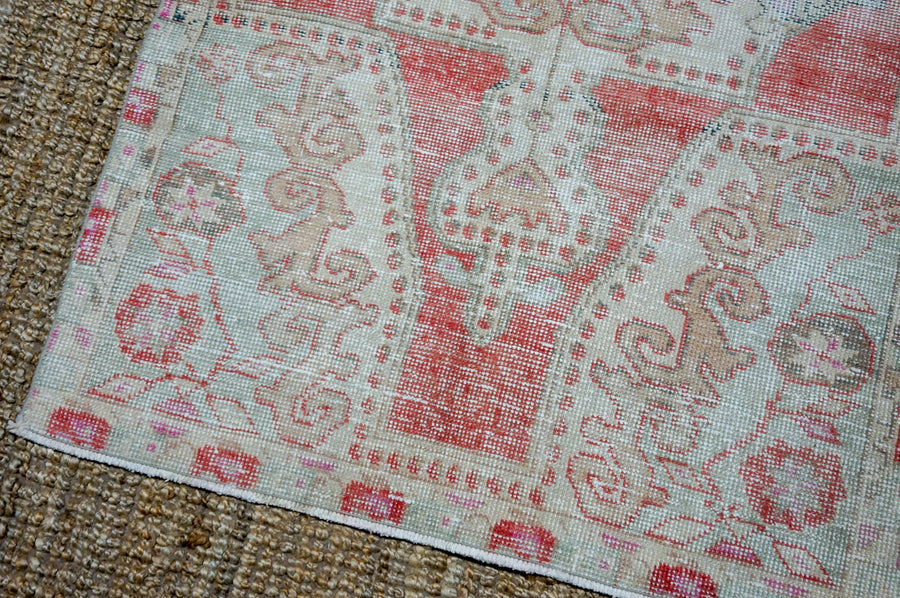 3’10 x 7’3 Vintage Turkish Oushak Rug Muted Coral, Turquoise + Beige SB