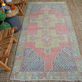 3’8 x 7’2 Vintage Turkish Oushak Carpet Muted Red, Chartreuse, and Gray