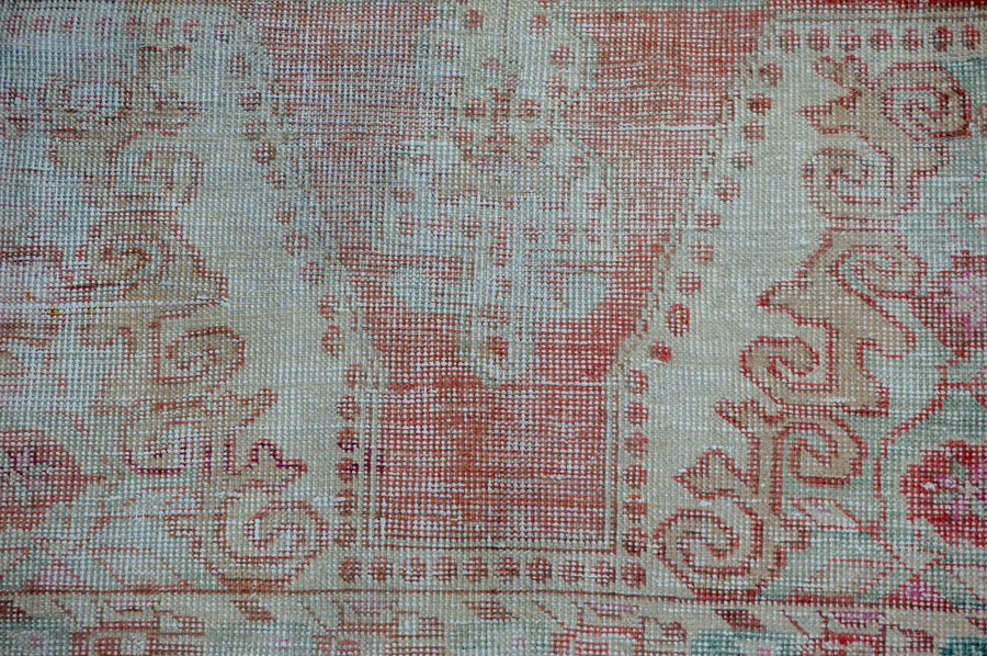 3’10 x 7’3 Vintage Turkish Oushak Rug Muted Coral, Turquoise + Beige SB