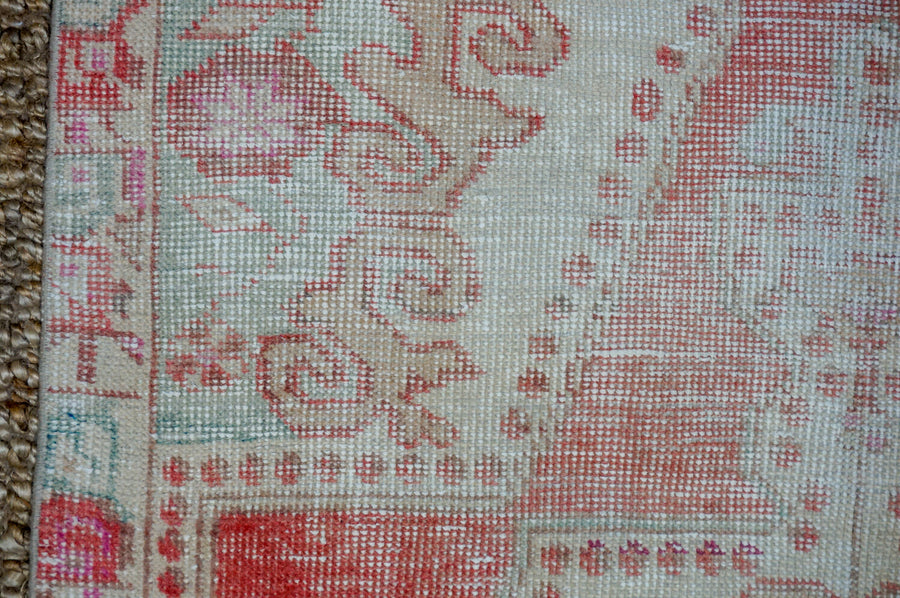 3’10 x 7’3 Vintage Turkish Oushak Rug Muted Coral, Turquoise + Beige SB