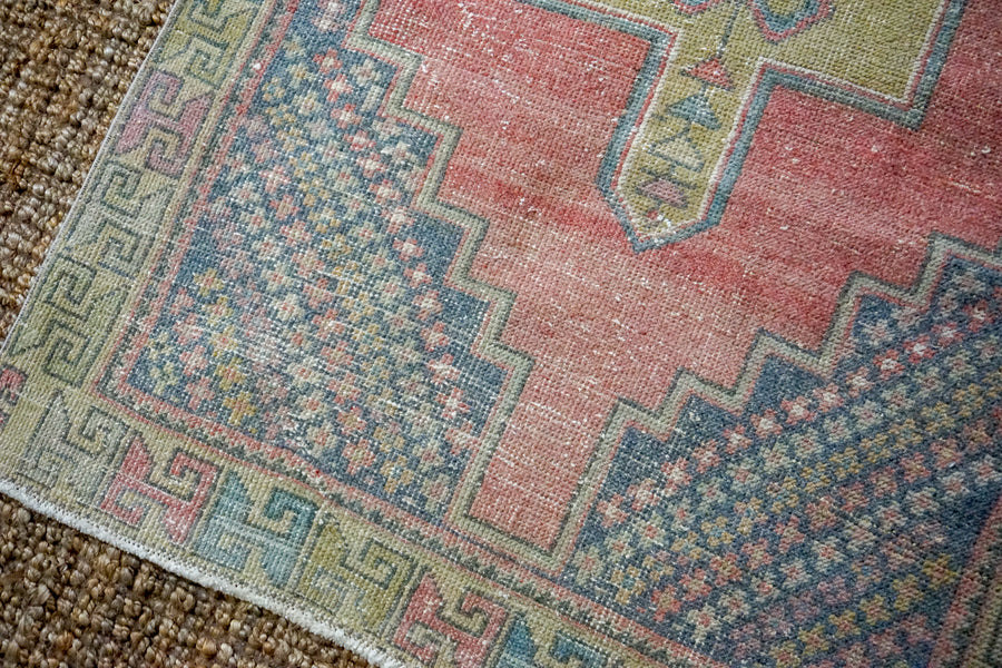 3’8 x 7’2 Vintage Turkish Oushak Carpet Muted Red, Chartreuse, and Gray