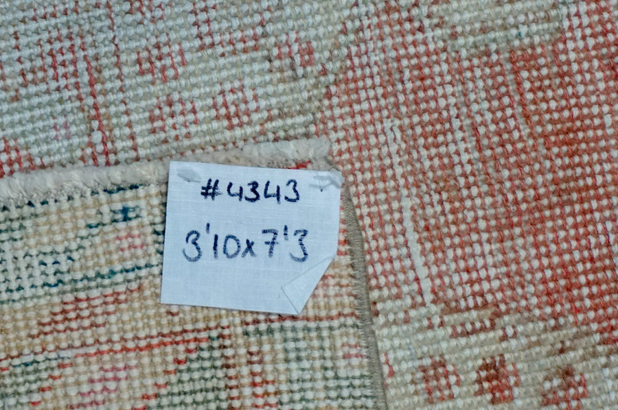 3’10 x 7’3 Vintage Turkish Oushak Rug Muted Coral, Turquoise + Beige SB