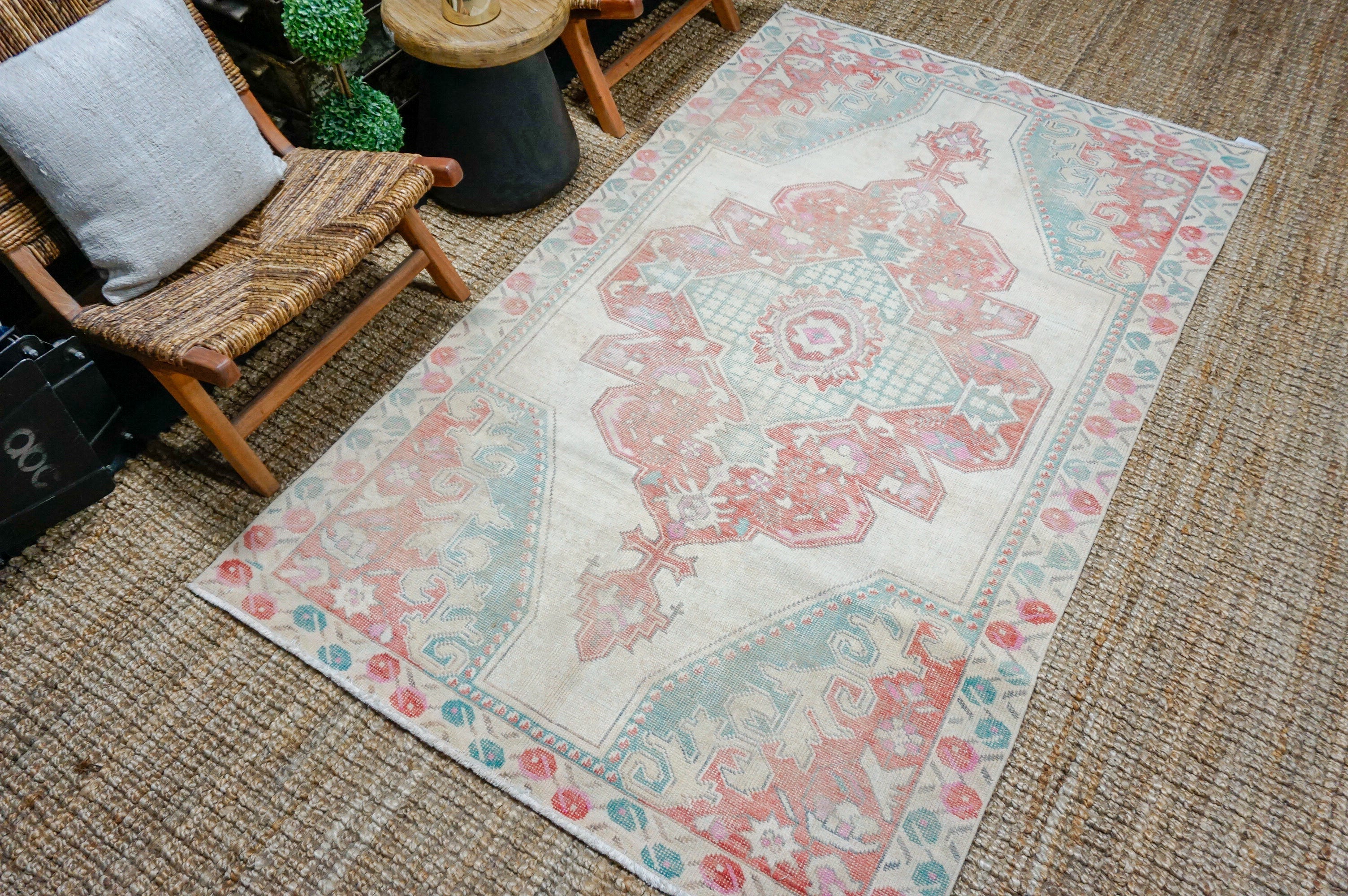 4’7 x 7’7 Vintage Turkish Oushak Rug Muted Coral, Turquoise + Cream '4172 Linda's Barn