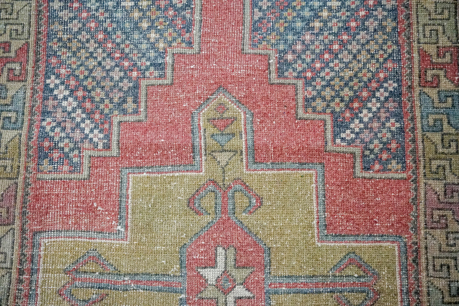 3’8 x 7’2 Vintage Turkish Oushak Carpet Muted Red, Chartreuse, and Gray