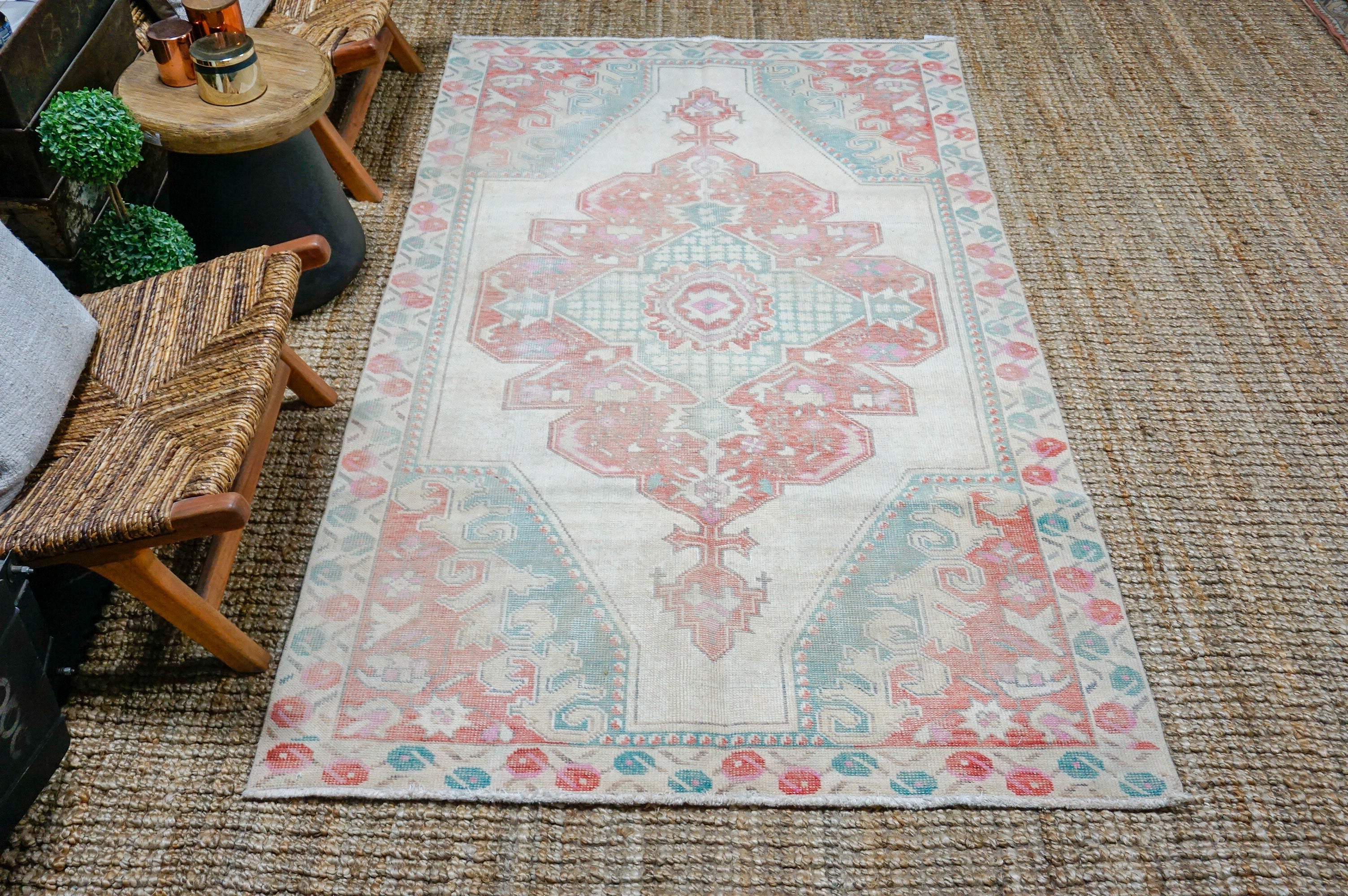 4’7 x 7’7 Vintage Turkish Oushak Rug Muted Coral, Turquoise + Cream '4172 Linda's Barn