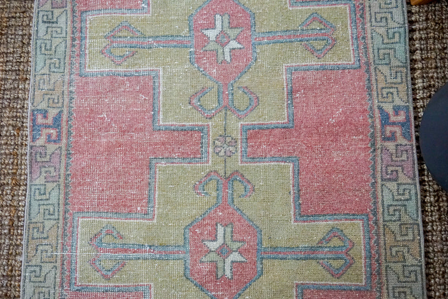 3’8 x 7’2 Vintage Turkish Oushak Carpet Muted Red, Chartreuse, and Gray