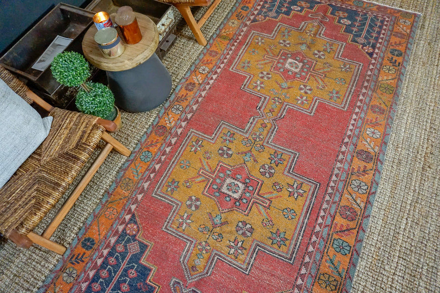 4’4 x 9’4 Vintage Turkish Oushak Carpet Red, Dark Navy and Honey