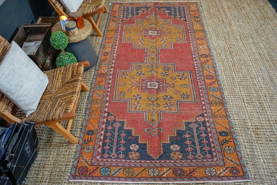 4’4 x 9’4 Vintage Turkish Oushak Carpet Red, Dark Navy and Honey