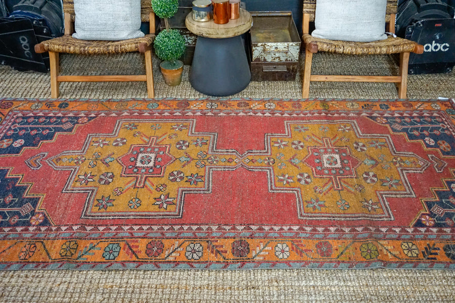4’4 x 9’4 Vintage Turkish Oushak Carpet Red, Dark Navy and Honey