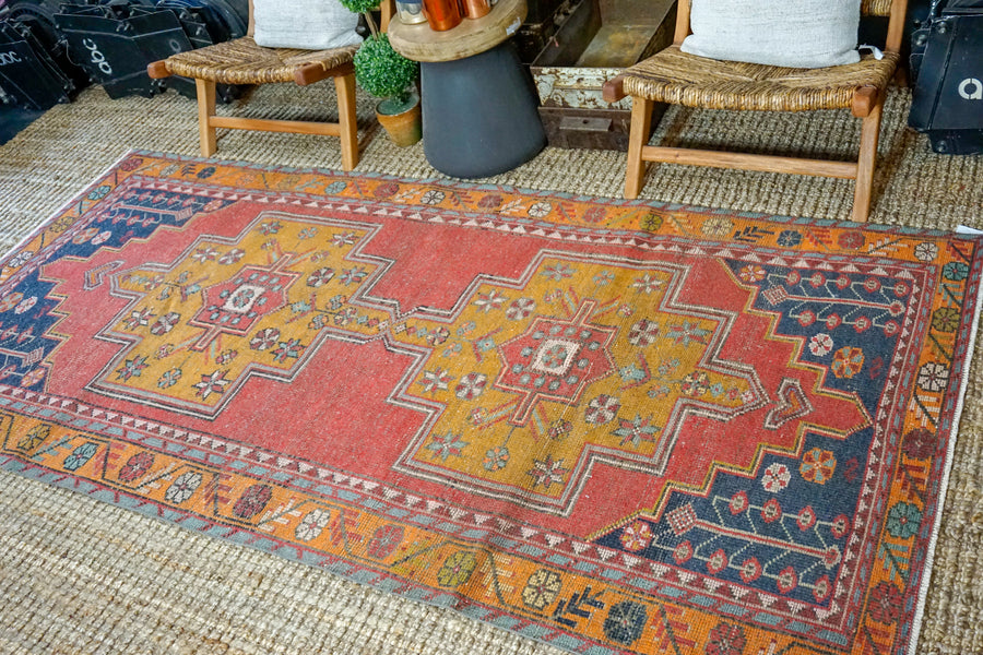 4’4 x 9’4 Vintage Turkish Oushak Carpet Red, Dark Navy and Honey