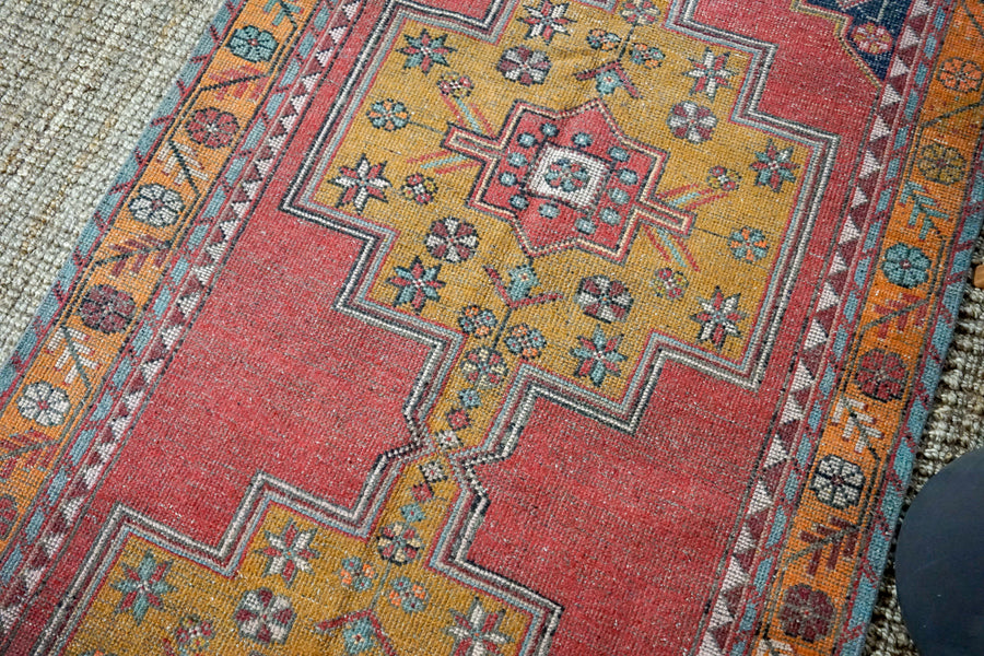 4’4 x 9’4 Vintage Turkish Oushak Carpet Red, Dark Navy and Honey