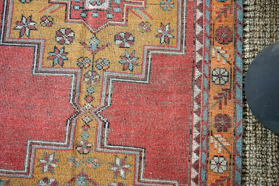4’4 x 9’4 Vintage Turkish Oushak Carpet Red, Dark Navy and Honey