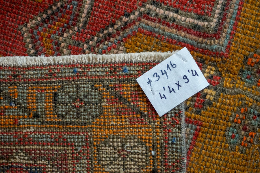 4’4 x 9’4 Vintage Turkish Oushak Carpet Red, Dark Navy and Honey