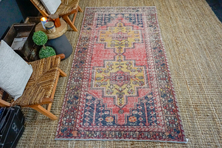4’4 x 8’5 Vintage Turkish Oushak Carpet Muted Red, Dark Navy and Honey
