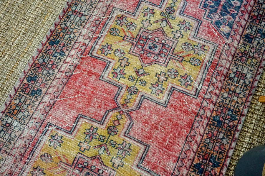 4’4 x 8’5 Vintage Turkish Oushak Carpet Muted Red, Dark Navy and Honey
